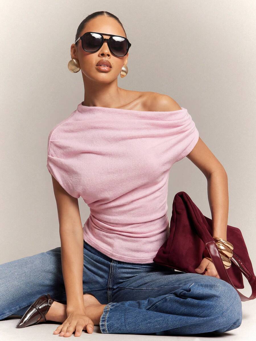 Hauture Women's Office Casual Dialy Simple Off Shoulder Wool Like Knit Ruched Top - Pink - View 1