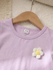 SHEIN Playful Pals 女婴3D立体花卉装饰圆领短袖T恤搭配格子裤休闲日常装 - 淡紫色 - 查看 4