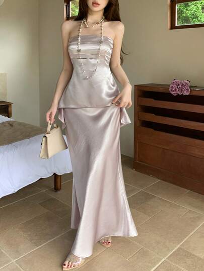 Joudiya Women's Elegant Strapless Top And Skirt 2 Pieces Set, Summer
