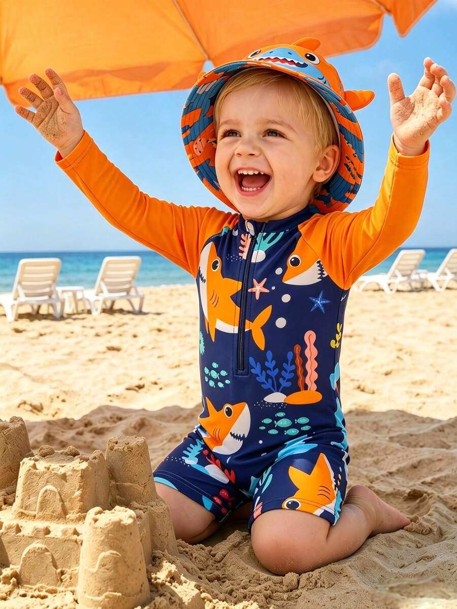 婴儿拉链泳衣,海洋生物鲨鱼印花。夏季海滩度假必备时尚单品。长袖设计,蓝色撞色,可爱的鲨鱼和海洋生物卡通图案。生动活泼。适合可爱的男宝宝在海滩玩耍时穿着。 - 橘色 - 查看 1