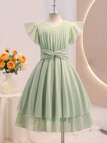 Vestido ajustado de gasa verde elegante con mangas con volantes para niñas, adecuado para fiestas de noche, Navidad, Halloween, bodas, bailes de graduación, vacaciones y otras ocasiones - Verde - Ver 10
