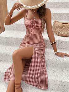SHEIN Frenchy Đầm midi nữ kiểu Pháp cổ điển, thanh lịch, lãng mạn, họa tiết kẻ caro đỏ trắng, xẻ cao, dây mảnh, thích hợp cho dã ngoại, du lịch ban ngày, nghỉ hè tối giản, sang trọng và đa năng. - Nhiều màu - Xem 6