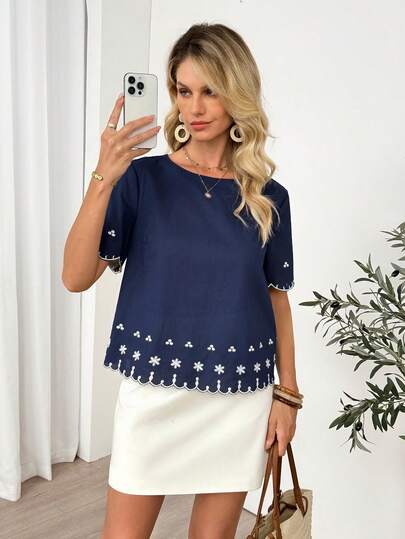Easowa Women's Floral Embroidery Round Neck Short Sleeve Casual Shirt