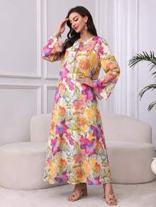 Al Najma Vestido cómodo con cuello de lazo estampado - Multicolor - Ver 7