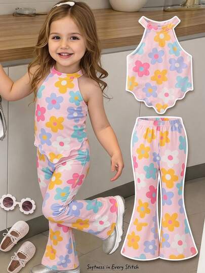 Cozy Pixies Baby Girl Summer Casual Cute & Soft Pink Floral Knit Halter Top And Flare Pants 2 Pieces Set