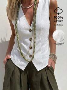 EMERY ROSE Chaleco de mujer de algodón y lino de unicolor, de abotonadura sencilla, casual y versátil - Beis - Ver 1