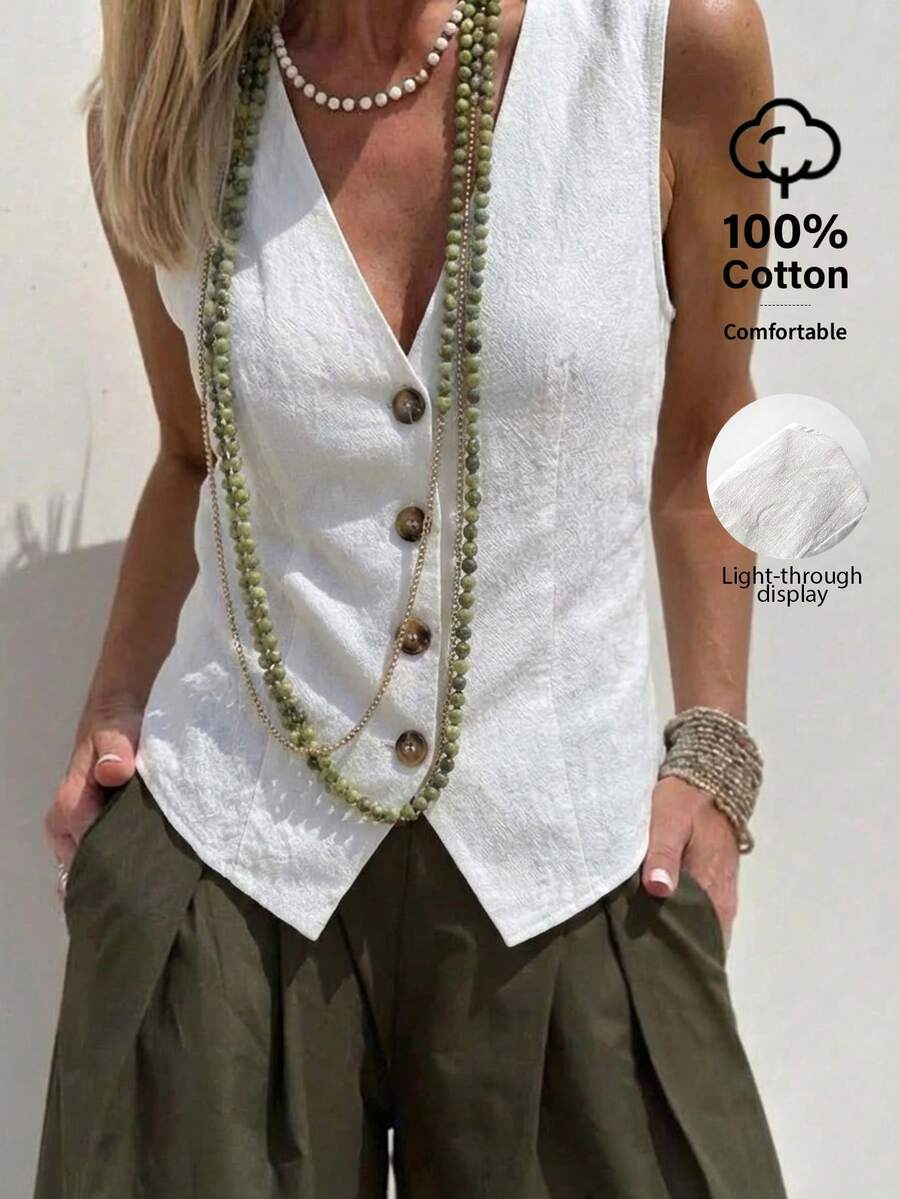EMERY ROSE Chaleco de mujer de algodón y lino de unicolor, de abotonadura sencilla, casual y versátil - Beis - Ver 1