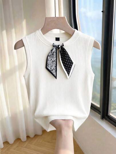 Everyssa Women's Summer New Casual Minimalist Round Neck Sleeveless Tank Top, Basic Style With Paisley Print And Polka Dot Elements, Showcasing French Elegance, Cropped Silhouette, Can Be Paired With Dresses Or Pants, Ribbed Trim, Contrast Bow Collar Knit Sweater, White Round Neck Tank Top, Women's Summer Outfit, Summer Tops White Blouse