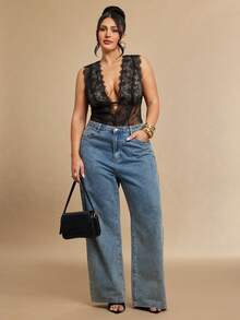 SHEIN BAE Áo liền thân gợi cảm phối ren, xuyên thấu, dành cho nữ cỡ lớn, thời trang. - màu đen - Xem 4