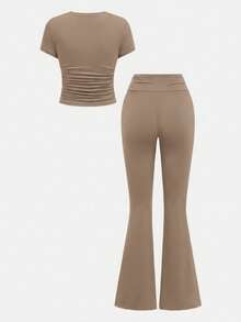 SHEIN Girlism Tween Girl Casual Fitted Light Blue Ruched Crew Neck Top And Ruched Waist Flare Pants Set - Khaki - View 2