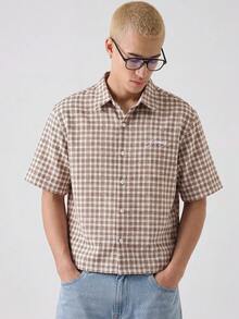 SWAVVY Men's Fashion Plaid Embroidered Single-Breasted Short Sleeve Shirt, Versatile - Brown - View 3