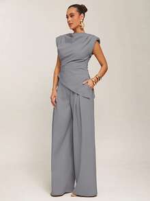 Silquee Blus Wanita Lengan Pendek Elegan dengan Potongan Asimetris dan Drape Warna Polos, Atasan Musim Panas - Grey - View 6