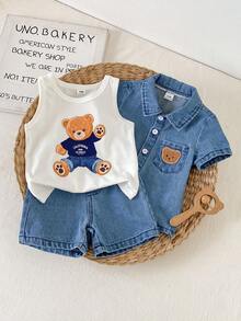 Playful Pals Bộ 3 món cho bé trai in hình gấu, cổ tròn, không tay, màu trắng gồm áo tank top + áo sơ mi denim tay ngắn cổ bẻ cài nút + quần short. Phong cách vintage năng động, dễ thương, thích hợp mặc vào mùa xuân, hè, thu, đi chơi hàng ngày, đến trường, công viên và nhiều dịp trong nhà/ngoài trời khác. - Rửa nhẹ - Xem 10