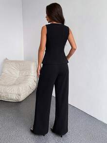 SHEIN PETITE 女款優雅辦公夏季黑金單排扣背心與寬腿褲兩件套，無袖修身上衣套裝，時尚百搭穿搭，適合嬌小女性 - 黑色 - 查看 2
