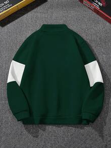 Manfinity Campus Court Sudadera con cremallera y cuello de pico para hombres, con gráfico de letras, media cartera y forro térmico, top de manga larga - Multicolor - Ver 2