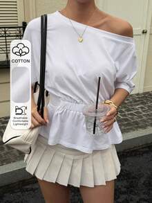 Dazy-Less Áo thun nữ màu trơn, kiểu dáng tối giản, cổ lệch, thường ngày. - trắng - Xem 1
