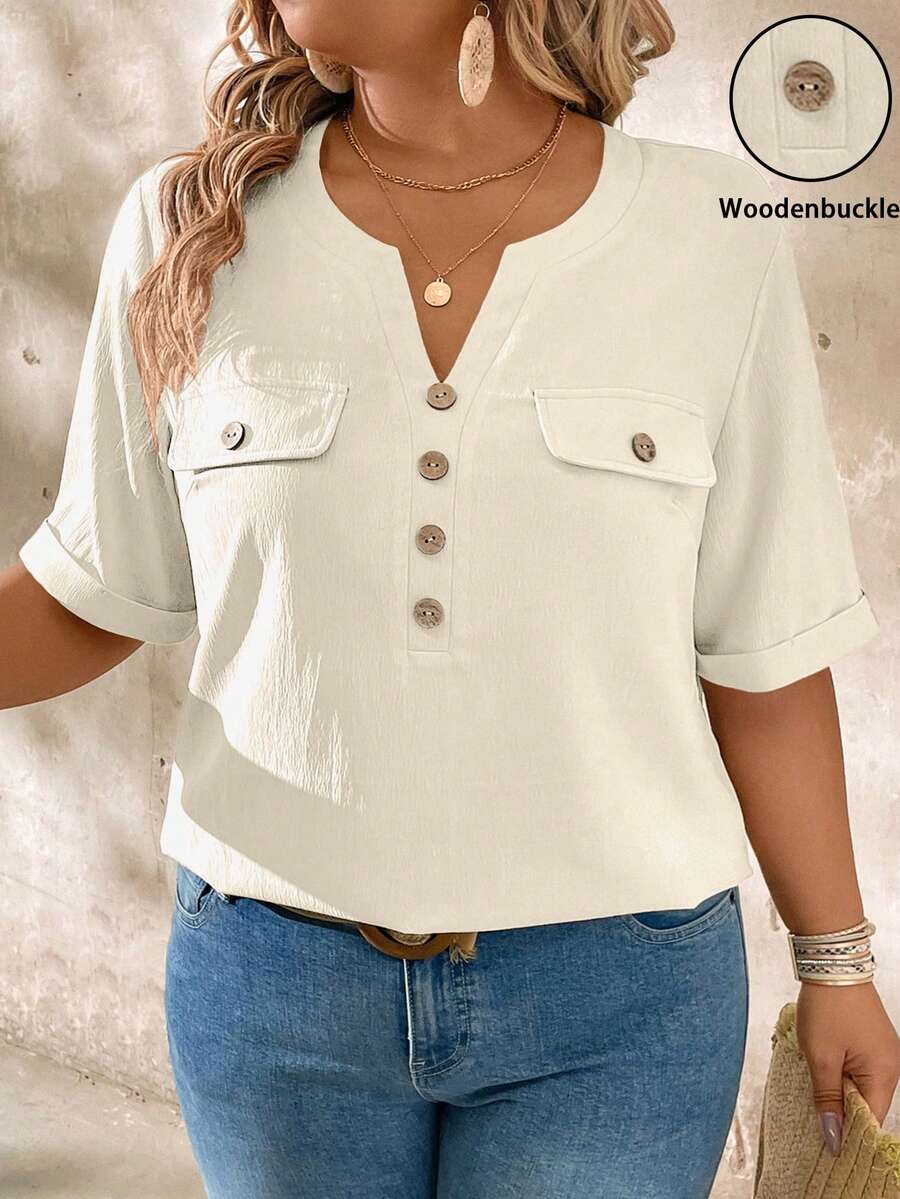 EMERY ROSE Plus Size Casual Notched Collar Wood Button Decor Short Sleeve Shirt - Apricot - View 1