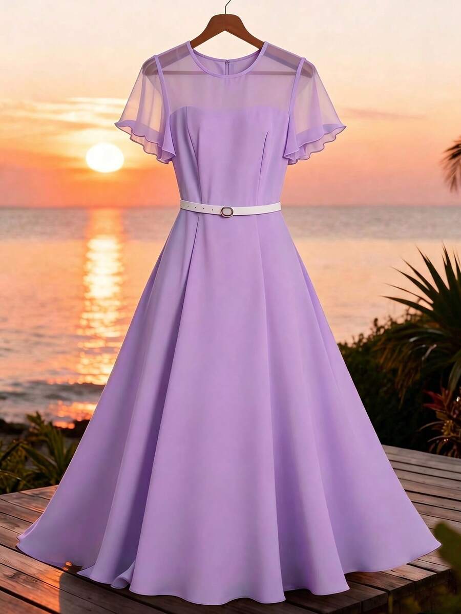 Qadelle Đầm nữ màu trơn cổ tròn eo dáng chữ A chất liệu chiffon phối họa tiết tay loe, thanh lịch, thích hợp đi nghỉ mát, đi làm, dự tiệc, ngày Valentine, phong cách Pháp cổ điển, đa năng, dự tiệc đầu xuân/hè, tay loe ngắn, màu xanh nhạt, dáng dài ngang gối. - Màu tím - Xem 1
