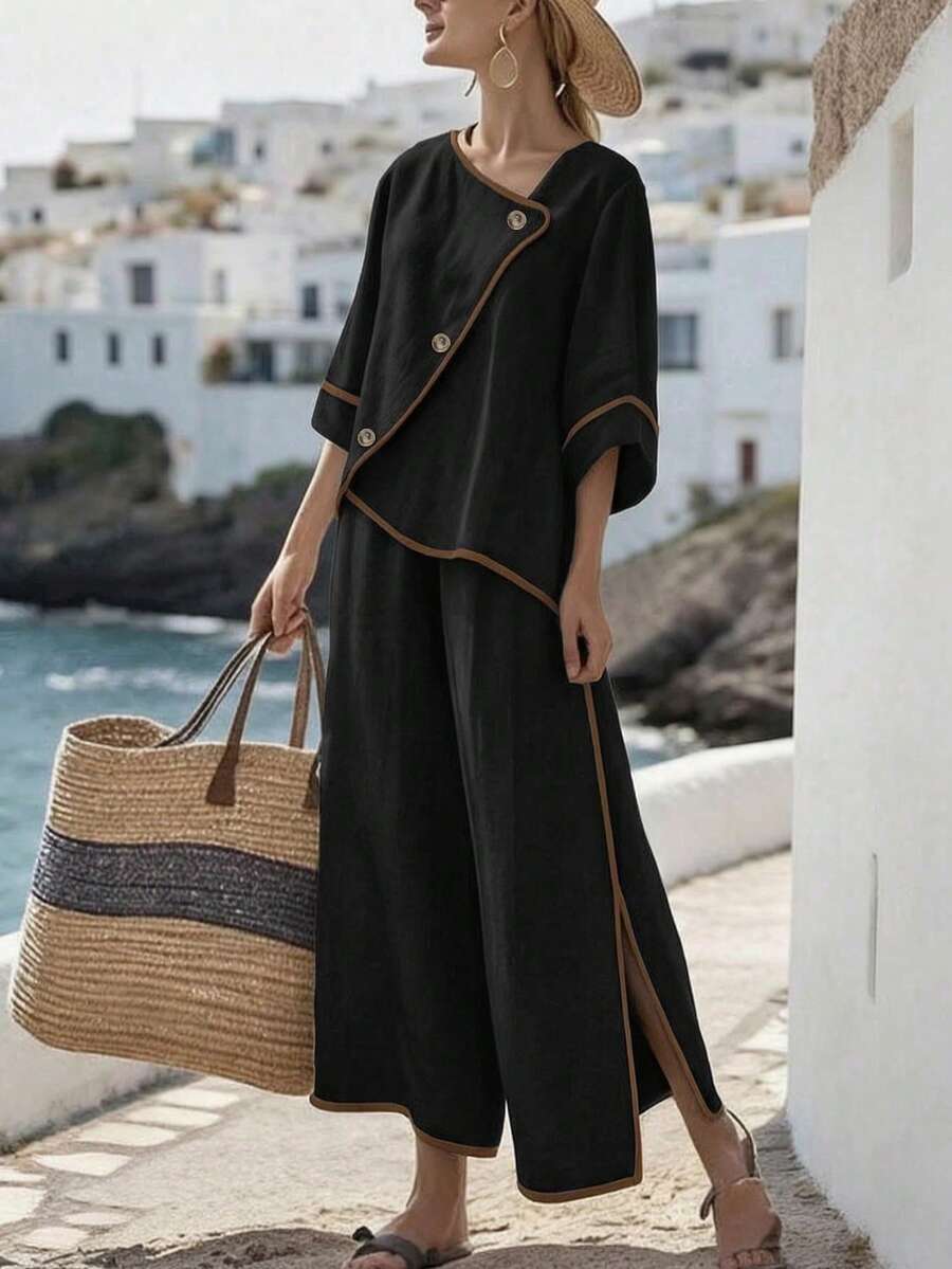 SHEIN Holidaya 女士休闲度假两件套,撞色不对称肩部设计,七分袖直筒裤,纯色设计,适合通勤、日常穿着、居家,阔腿中腰不对称裤脚,适合春、夏、秋季穿着。 - 彩色 - 查看 1
