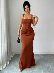 Selianne Đầm hè gợi cảm mới, đầm đen, cổ vuông kiểu Pháp, viền corset giả, dáng đuôi cá, thiết kế xếp ly eo, đầm đuôi cá, đầm dự tiệc cưới, thích hợp cho kỳ nghỉ, hẹn hò, tiệc tùng, ngày Valentine, đám cưới. - Màu nâu  Mocha - Xem 3