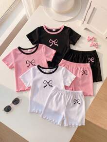 SHEIN Playful Pals 6件套女婴休闲日常黑色、粉色、白色圆领短袖上衣和松紧腰短裤套装，适合户外玩耍或舒适的春夏穿着。 - 彩色 - 查看 9