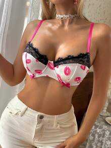 SHEIN 女士蕾丝拼接印花钢圈舒适文胸 - 彩色 - 查看 5