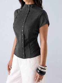 LYSMO 2026 New Minimalist Spring/Summer Women's Fashion Button-Up Turtleneck Blouse, Versatile For Daily Wear And Outings - Dark Grey - View 4