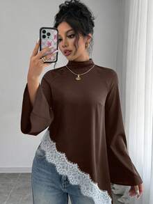 Elenzga Blusa de manga larga asimétrica con encaje de contraste para mujer - Marrón - Ver 3