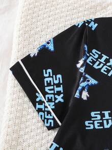 夏季青少年男童时尚“SIX SEVEN”卡通印花睡衣套装，Polo领开衫配白色滚边，短袖上衣+宽松短裤两件套，柔软透气面料，适合男童日常休闲居家穿着，宽松舒适的家居服，适合大龄儿童 - 黑色 - 查看 3