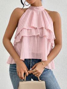 Firerie Loose Neck Ruffle Asymmetrical Chiffon Blouse,Summer Top - Baby Pink - View 8