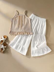 SHEIN Elladie kids 女童蕾丝吊带背心+阔腿裤两件套，复古休闲装，适合日常外出、野餐、海滩度假、短途旅行、生日派对、下午茶聚会、购物和公园游览。 - 杏色 - 查看 3