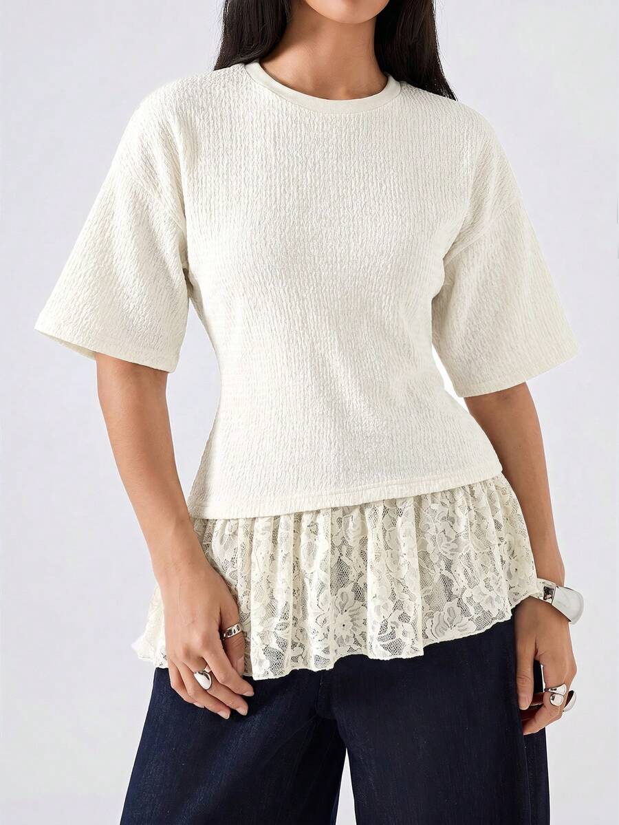 LYSMO Camiseta de mujer de unicolor con patchwork de encaje, estilo minimalista, casual, primavera/verano 2026, top de verano, top para salir, top profesional de negocios para mujer, top blanco - Amarillo claro - Ver 1