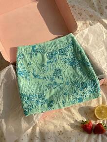SHEIN Clasi 女款亮片花卉圖案休閒百搭約會旅行迷你裙,適合夏季 - 綠色 - 查看 5