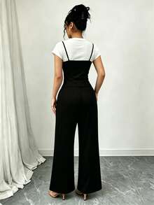 Modelyn Round Neck 2 In 1 Black Top With Loose Pants Knit 2 Pieces Set Brunch Day Time Everyday Holiday Summer Casual Sexy Travel Golf White - Black and White - View 6