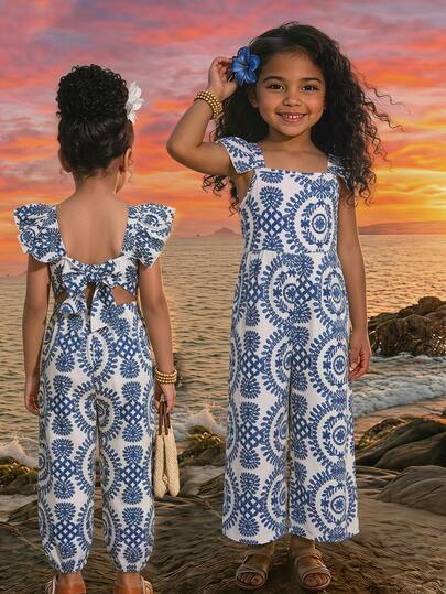 Young Girl Summer Beach Vacation Holiday Allover Print Backless Tie-Front Ruffle Armhole Jumpsuit Blue And White Boho