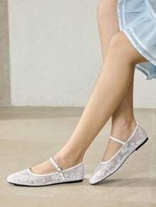 MOTF LADIES ELEGANT VERSATILE COMMUTER MESH FLORAL EMBROIDERED BUTTON FLATS FOR HOLIDAY WEAR - Mesh white - View 6