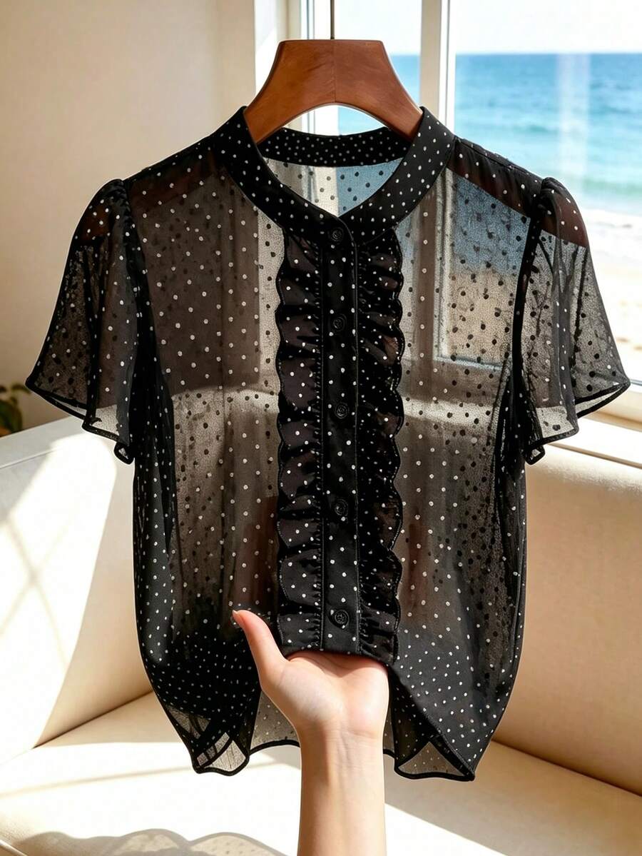 SHEIN Franclia 黑色波点薄纱雪纺女式衬衫,夏季优雅荷叶边领短袖轻盈修身办公服 - 黑色 - 查看 1