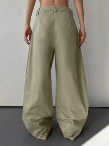 DAZY Calça casual de perna larga e solta de cor sólida para mulheres, Primavera/Verão - Verde Militar - Visão 2