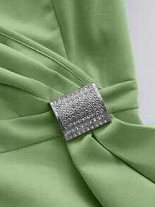 Qadelle Elegant Sage Green Summer Dining Dress,Deep V-Neck Waist Cinched Metallic Rhinestone Decor Ruffle Sleeves Asymmetric Slit Pleated Formal Gown - Mist Green - View 4