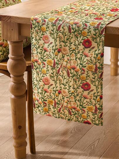 1 Bandera de mesa pequeña con flores, mantel de estilo elegante de la corte para todo el año con estampado jacquard clásico, mantel de lino con patrón floral fresco y largo, adecuado para ocasiones festivas y decoración de la sala de estar (33x90/120/160/183/200cm)