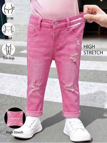 SHEIN Bubblio Quần jean denim rách dáng casual đa năng cho bé gái, có túi và cúc, thích hợp mặc hàng ngày. - Hồng - Xem 4