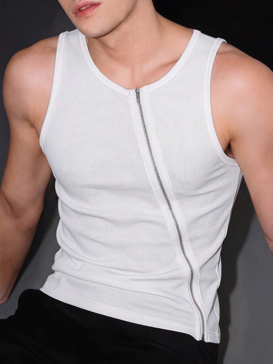 Manfinity Dauomo 男士夏季无袖背心 - 罗纹前拉链修身款，健身训练运动上衣 - 白色 - 查看 1