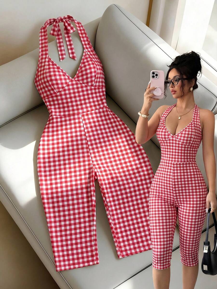 Selianne Bộ jumpsuit nữ chấm bi cổ yếm, dáng ôm tôn dáng, thoải mái, gợi cảm, thích hợp cho hoạt động ngoài trời và đi làm, phù hợp cho mọi mùa, phiên bản mùa hè chấm bi trắng. - Đỏ và trắng - Xem 1