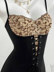 Elamini Women's Summer Lace Patchwork Retro Tie-Waist Mini Dress, Sexy, Elegant, Versatile - Black - View 5