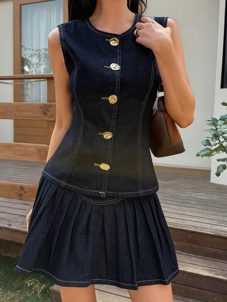 Blue Sleeveless Top And Casual Denim Skirt Set, Cotton Vacation Outfit For Women