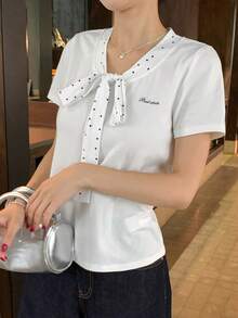 DAZY Women's Summer Polka Dot Ribbon Collar Patchwork Short Sleeve Fitted Letter Print Casual Urban Tee - White - View 3