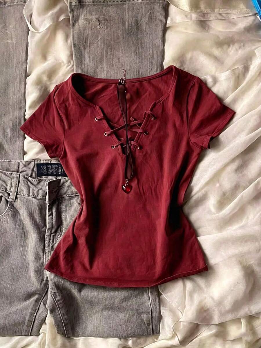 SHEIN 女士休闲纯色系带T恤 - 紅色 - 查看 1