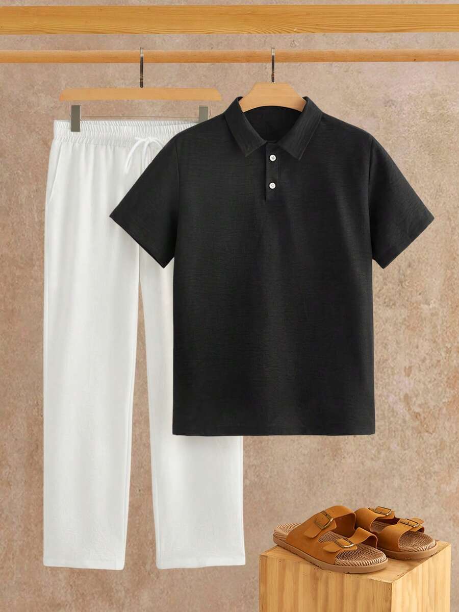 EASEVO 加大码男士纯色短袖 Polo 衫和长裤套装 - 黑與白 - 查看 1