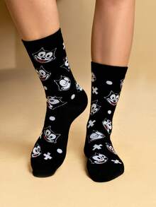 SHEIN Felix The Cat 2 Pairs Soft & Breathable Moisture-Wicking Casual Mid-Calf Socks With Cat Pattern Fashionable Cute Cartoon Cat Black & White Crew Socks Reinforced Toe & Heel For Durability Unisex For Men & Women All Season All-Match Summer Winter,Graphics Socks - 彩色 - 查看 8