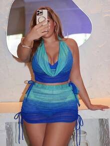 Swim SXY Plus Size Hollow-Out Fabric 4-Piece Bikini Set, Suitable For Holiday Beach Vacation - Blue - View 6